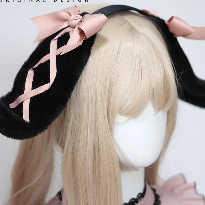 Jirai Kei rabbit ear hairband product detail showing KC metal fixation wide edge clip construction and adjustable soft iron wire feature