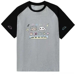 Black-grey Jirai Kei raglan t-shirt flat lay front view heather gray body black sleeves cute cat cartoon print