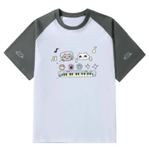 Jirai Kei raglan cat print cotton t-shirt flat lay front view white body dark gray sleeves kawaii cat keyboard design