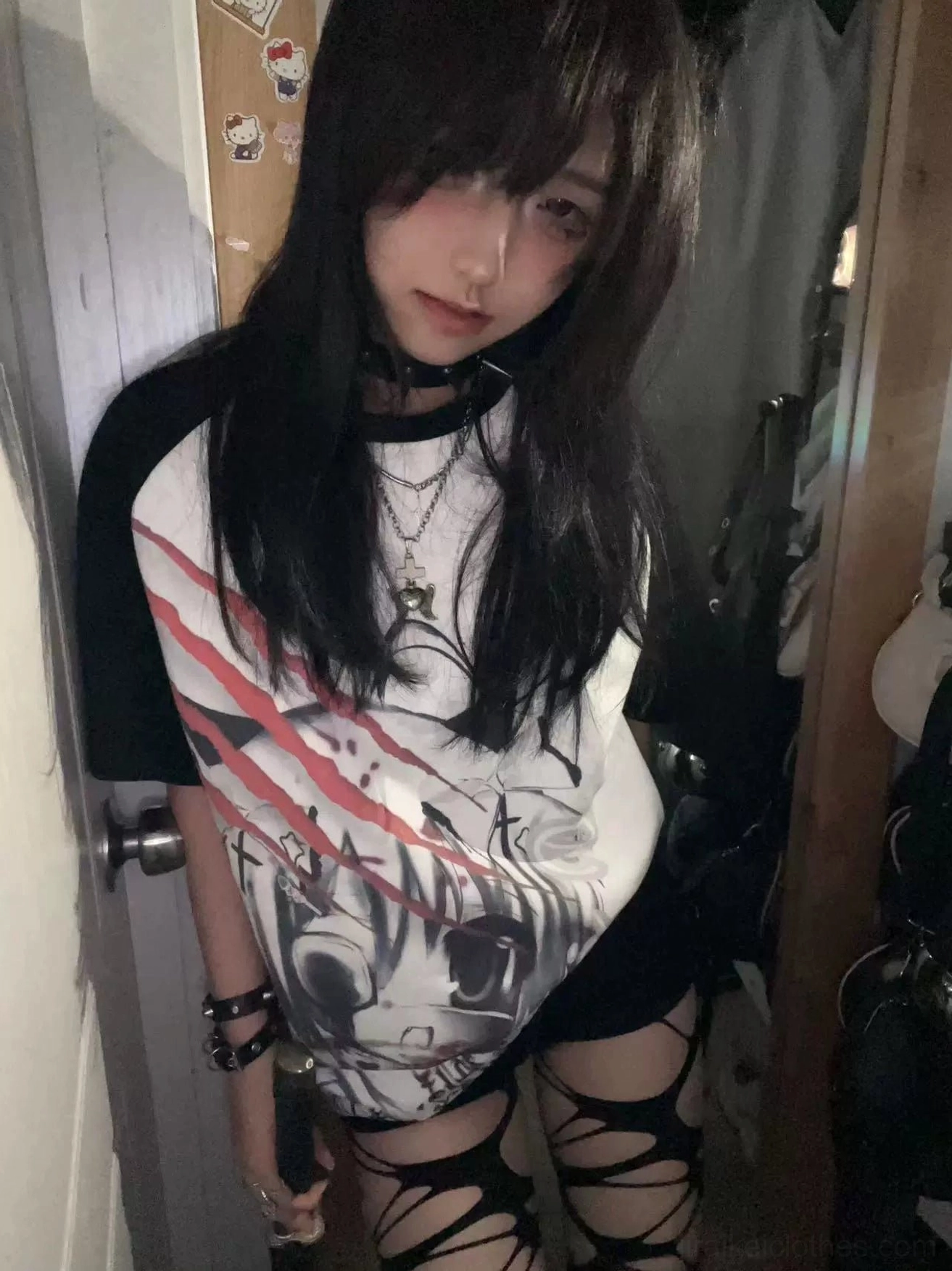 Jirai Kei raglan sleeve T-shirt showing full front graphic design with character print on comfortable pure cotton material