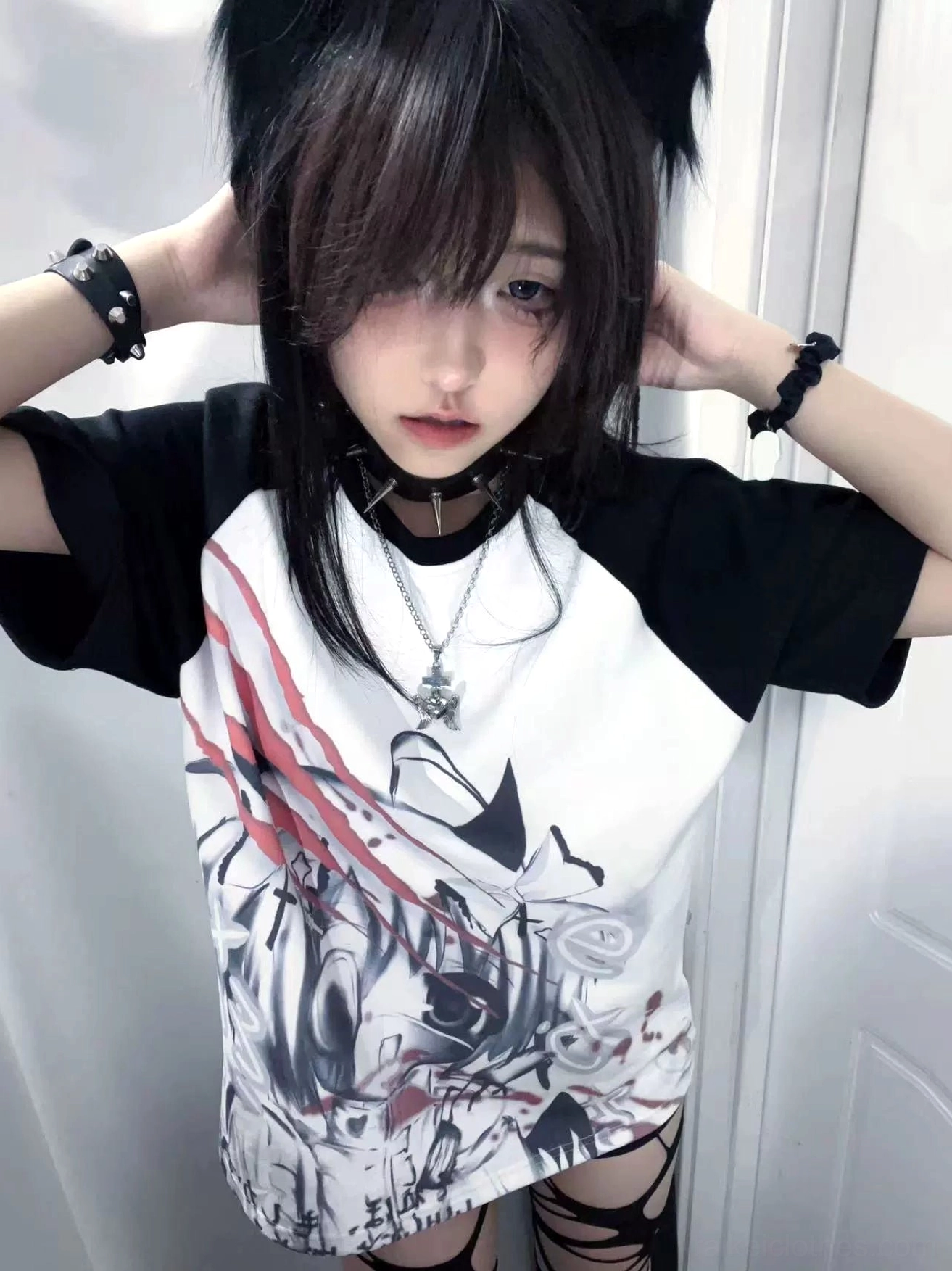 Overhead view of Jirai Kei raglan sleeve shirt showing full anime artwork and red streaks detail on loose-fit cotton tee