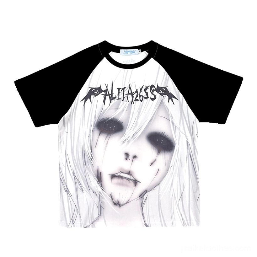 Jirai Kei raglan sleeve T-shirt featuring bold graphic print and color contrast perfect for underground fashion communities