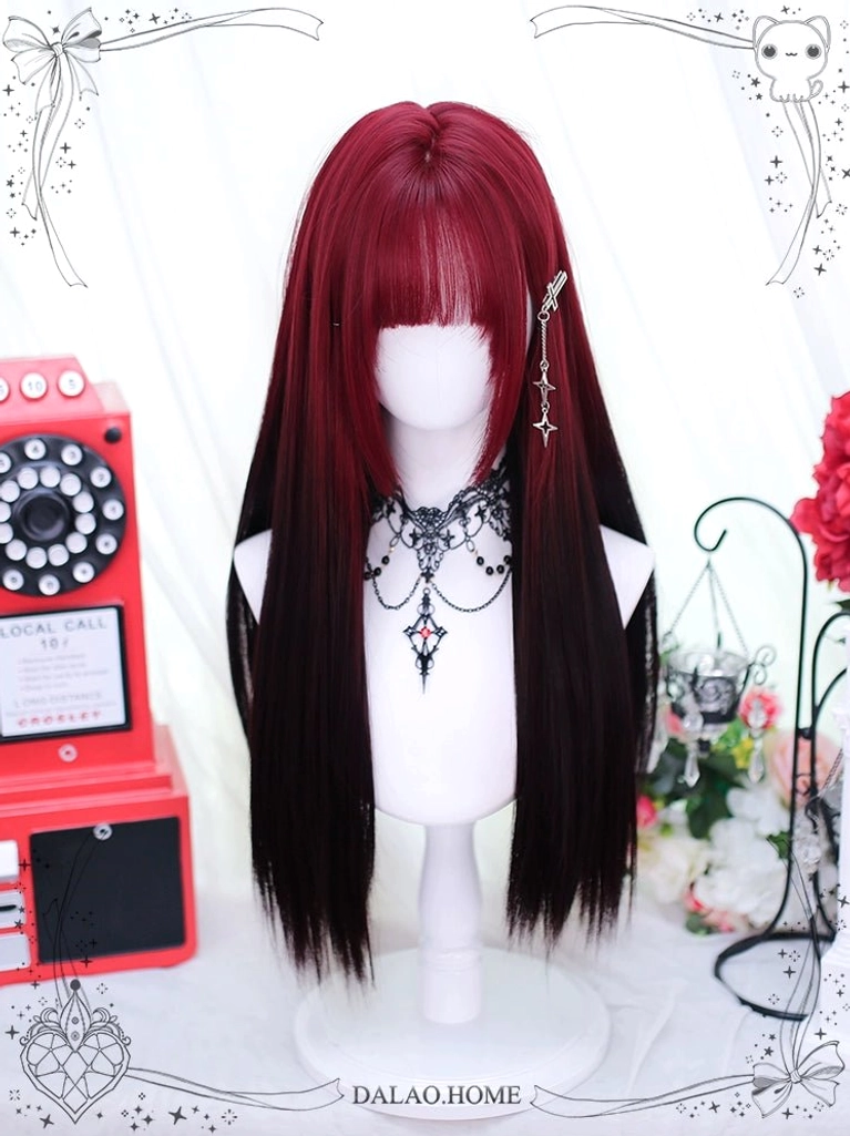 Red and black gradient long straight Jirai Kei wig with bangs, displayed on mannequin with retro decor, featuring silver star hair clip and straight silhouette