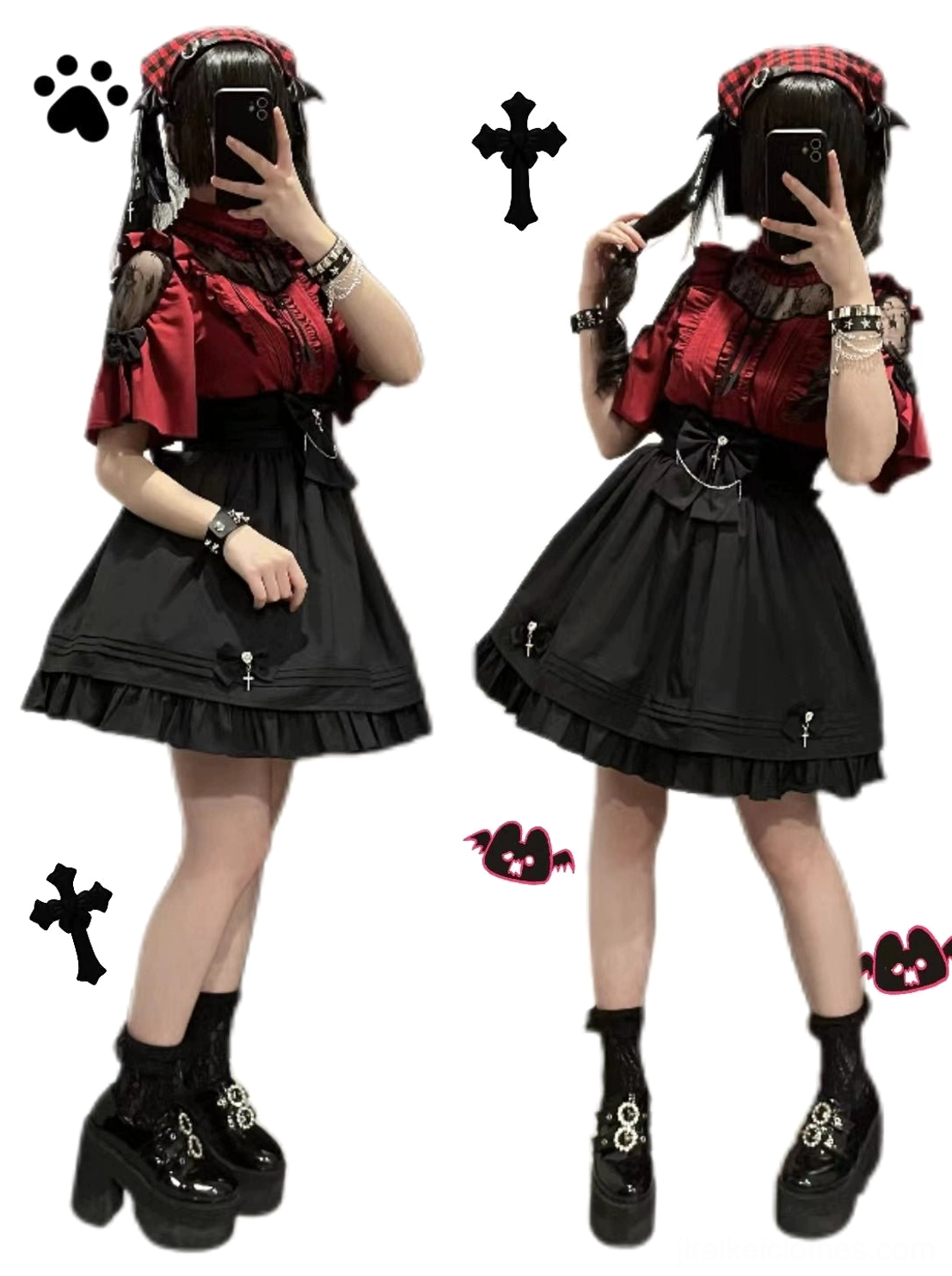 Full-body mirror selfie of jirai kei matching two-piece set featuring red ruffled lace-shoulder blouse and black high-waist skirt with detachable bows and rhinestone cross pendant decoration