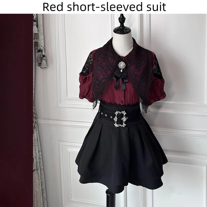 Wine red short-sleeved Jirai Kei blouse with lace composite collar black capelet and A-line tiered skirt flat display