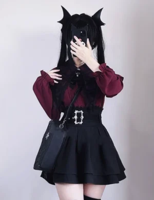 Jirai Kei wine red sailor blouse with black tiered A-line skirt worn by model with cat ear hair clips, front view dark sweet aesthetic