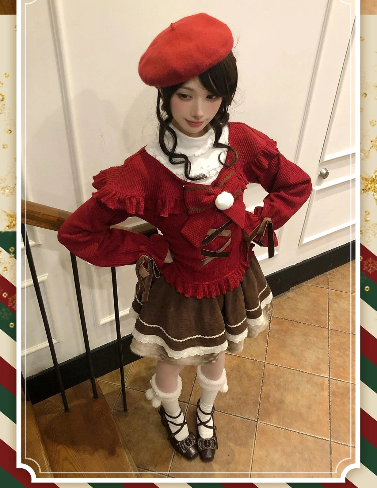 Full body side profile of red and brown jirai kei two-piece set showing white innerwear layer and coordinated color scheme from staircase location