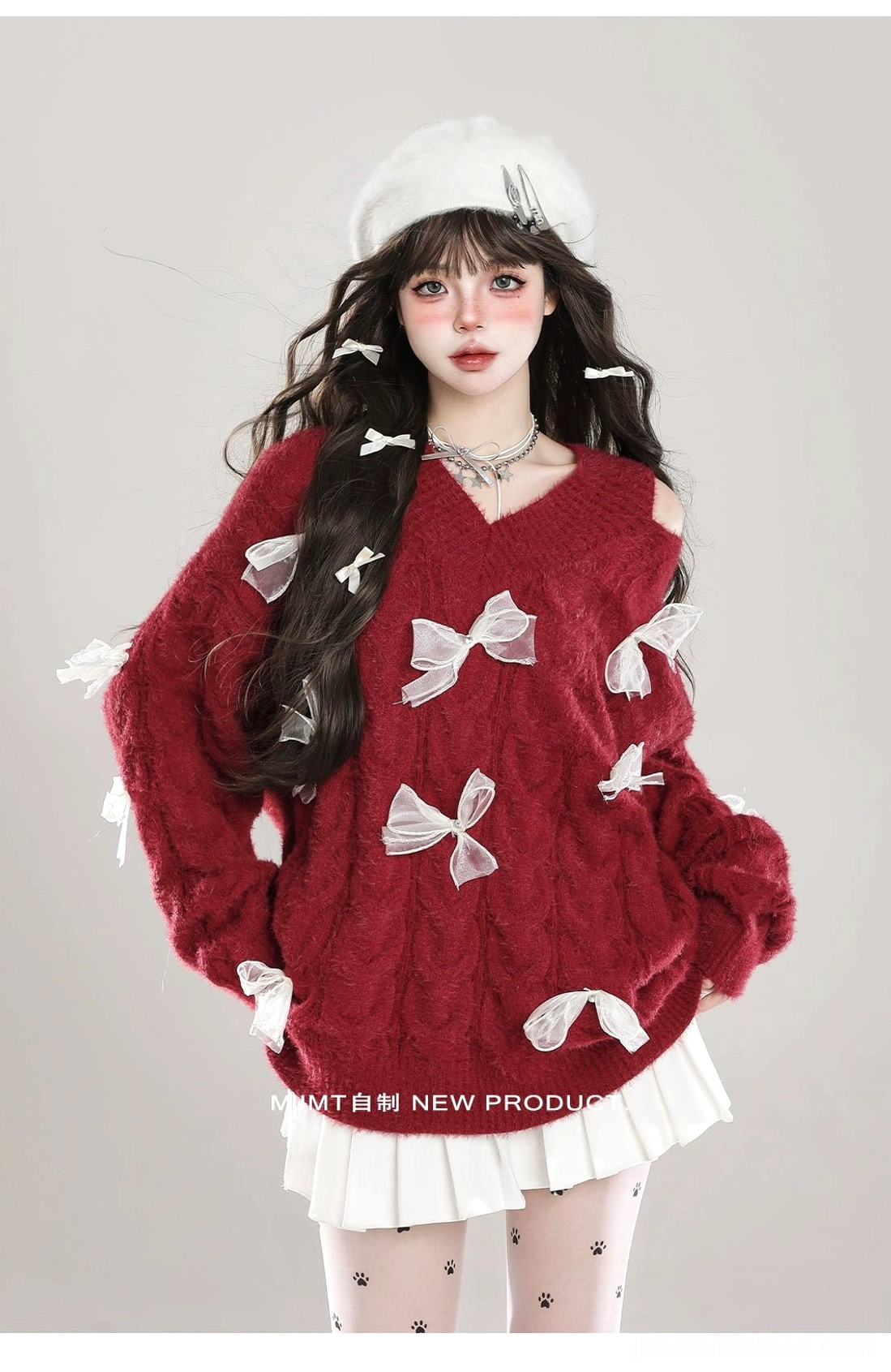 Jirai Kei cold-shoulder fuzzy bow sweater in vibrant red with white ribbon bows, paired with pleated skirt and printed tights, front full-body view showcasing V-neck and asymmetrical design