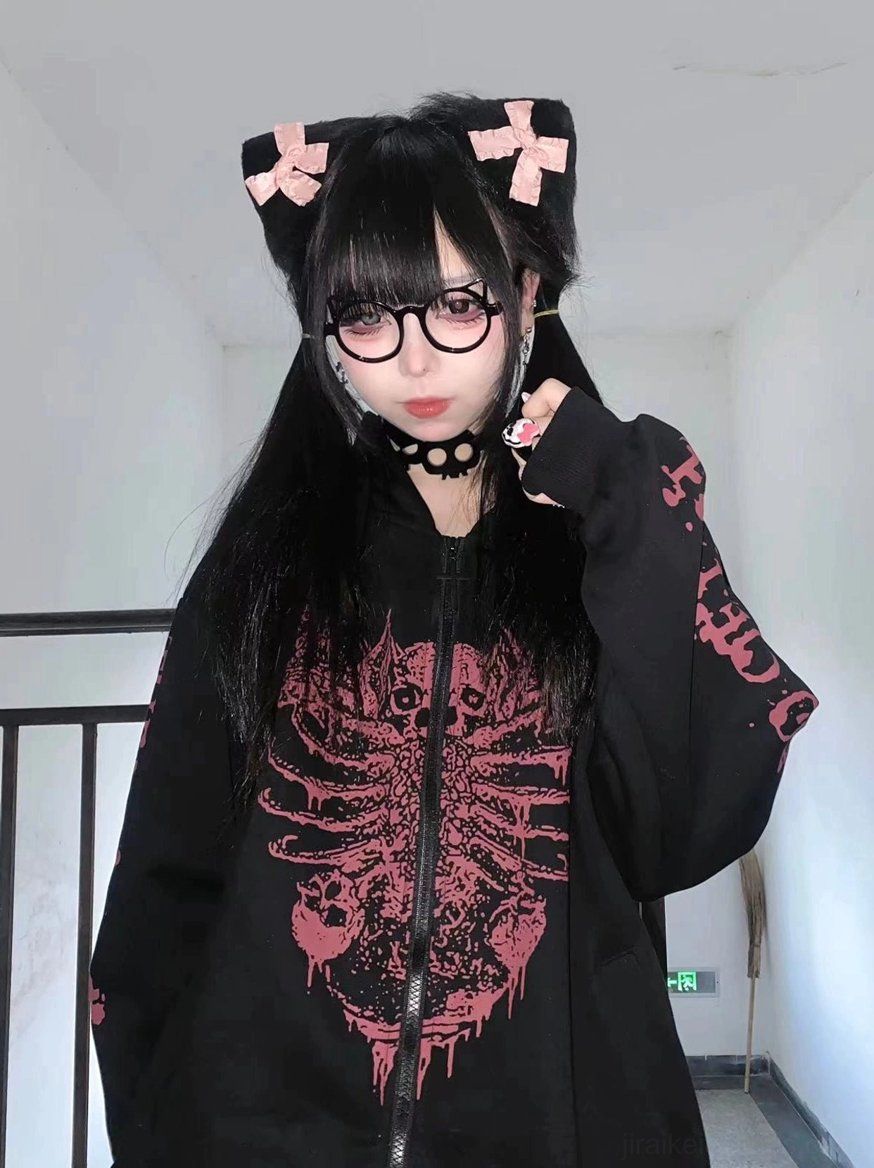 Jirai Kei red ghost hoodie dark colorway option, maroon tone prints and sleeve graphics, alternative to black for diverse punk goth expression