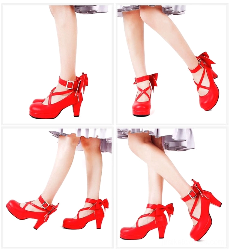 Jirai Kei red glossy platform heels styled on model legs wearing frilly Lolita skirt with cross ankle strap and matching heel bow