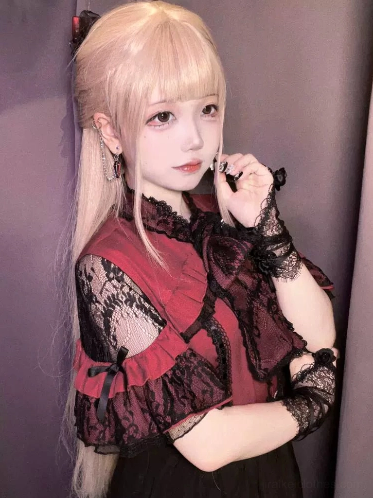 Red jirai kei lace blouse dramatic styling with heart rhinestones and playful bow collar passionate statement piece