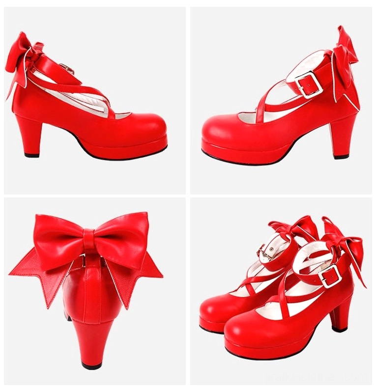 Jirai Kei bright red Mary Jane platform heels with cross ankle strap metal buckle and bow decoration multiple product views