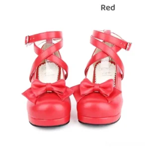 Vivid red Jirai Kei mid-heel Mary Jane shoes featuring oversized front bow, block platform heel, and cross ankle straps, paired display on white background