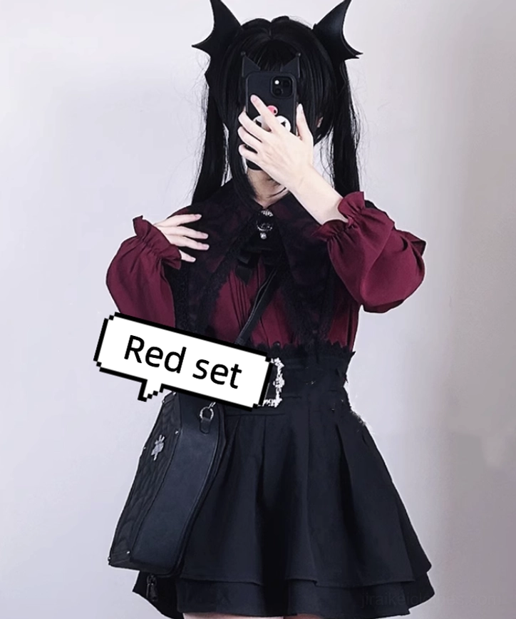 Jirai Kei red blouse black tiered skirt complete outfit worn by model with cat ear accessories and crossbody bag front view
