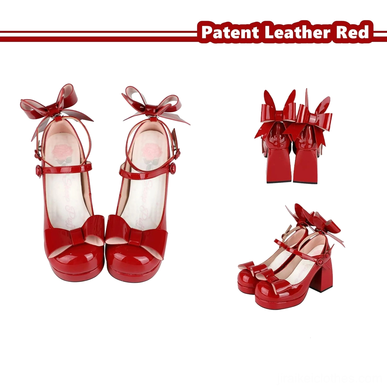 Red patent leather Jirai Kei platform heels flat lay product view showing bold glossy finish front and ankle bow decorations block heel