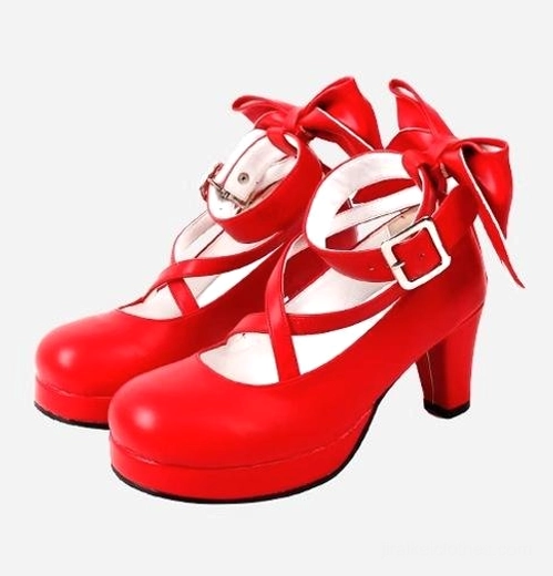 Jirai Kei red glossy patent leather platform heels with block heel large bow decoration and round toe design multiple angles