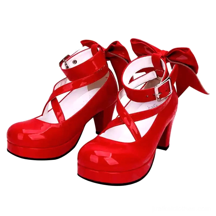 Jirai Kei red patent leather Mary Jane platform heels with cross ankle strap bow detail product showcase