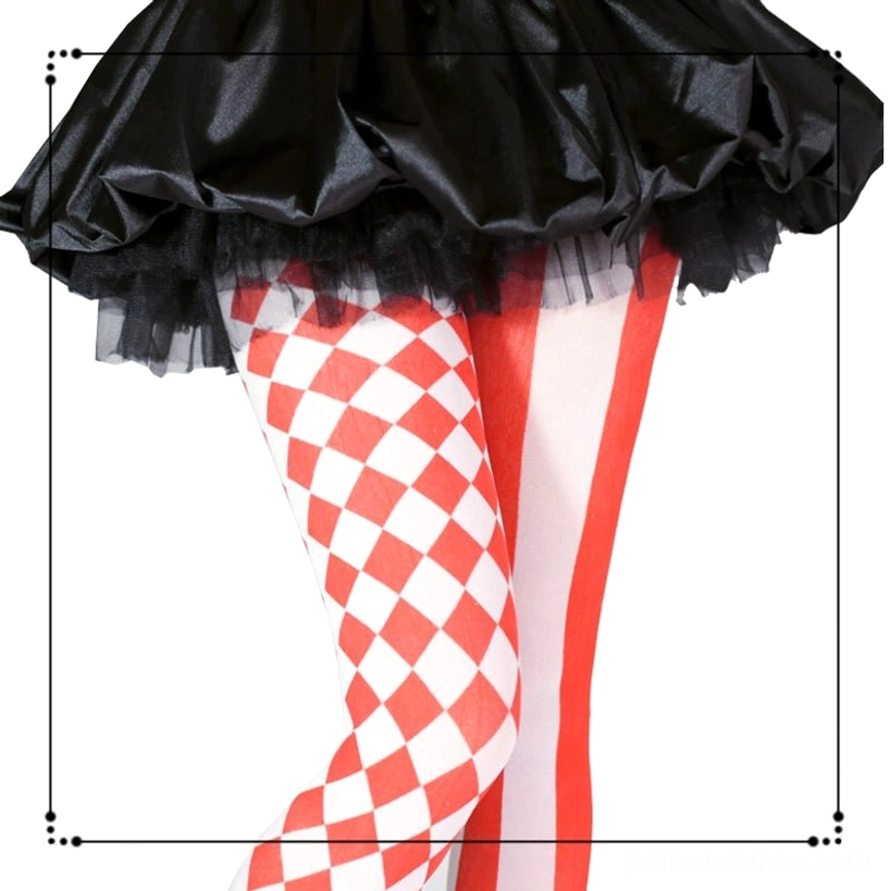 Red and white asymmetric argyle and vertical stripe pantyhose front thigh close-up on model wearing black satin tutu skirt, pattern clarity view
