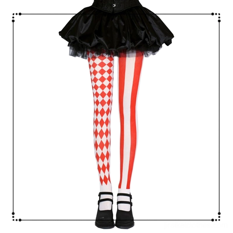 Red and white asymmetric argyle and stripe Jirai Kei pantyhose on model with black tutu skirt and flat shoes, front full lower-body view showing color contrast