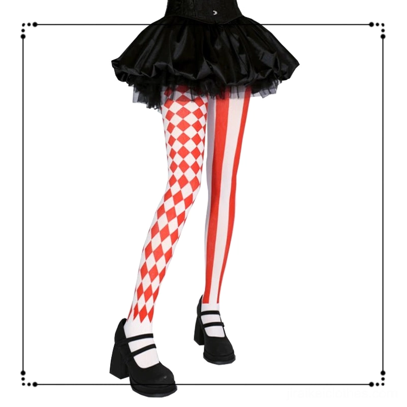 Red and white asymmetric Jirai Kei pantyhose three-quarter front view with black tutu skirt and Mary Jane platform shoes complete outfit styling