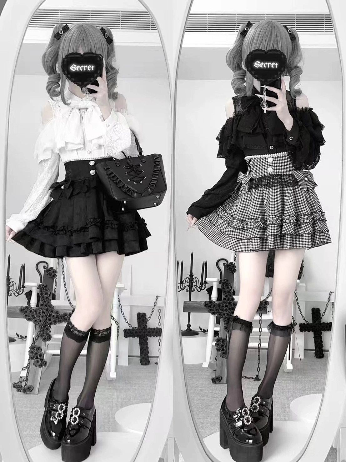 Two jirai kei outfit sets split view - white top with black ruffle skirt and black top with houndstooth ruffle skirt, gothic lolita styling