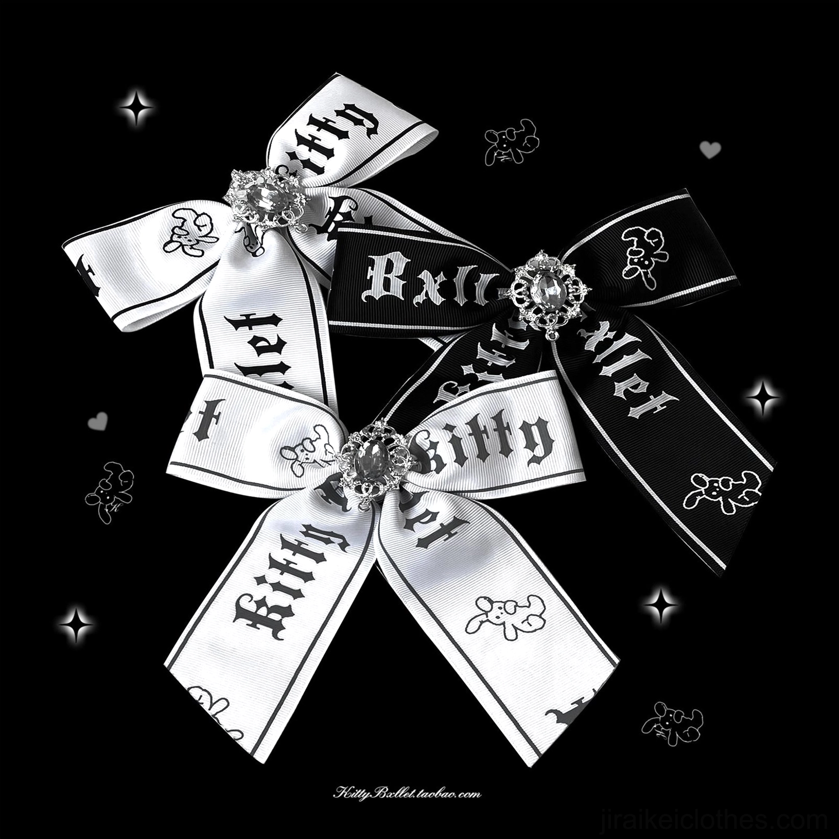 dual ribbon bow brooches jirai kei ryousangata black white satin with star accents