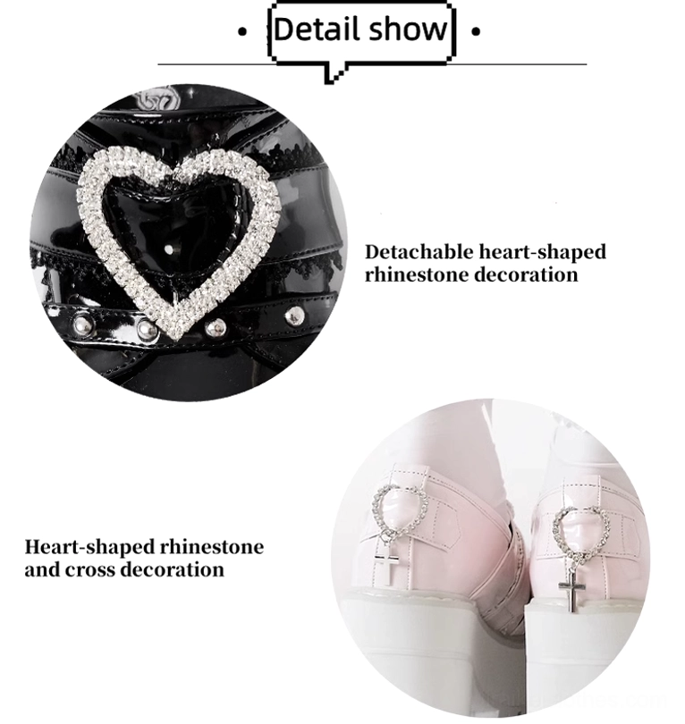 Jirai Kei platform loafers color palette presentation displaying patent black, patent white, and patent pink options with glossy finish comparison