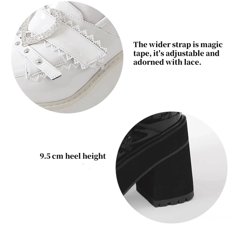 Jirai Kei Ryousangata platform loafers size and fit guide visual showing foot length measurements in centimeters and inches with sizing recommendations