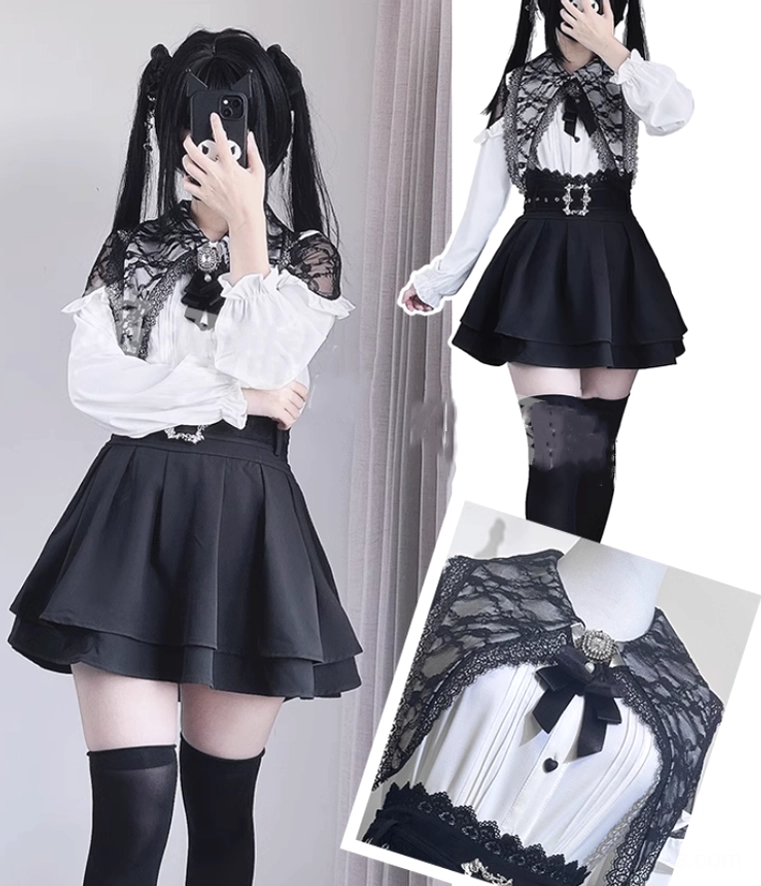 Jirai Kei sailor blouse composite lace collar heart-shaped button detachable bow design feature close-up detail
