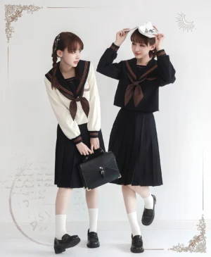 Jirai Kei sailor blouse side view, models in cream and navy sailor uniform with brown collar trim, bow ties, leather handbags and loafers with white socks
