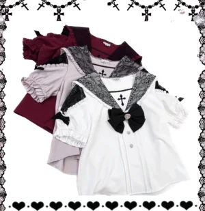 Jirai Kei sailor collar blouse collection three color variants with cross embroidery lace details flat lay top view