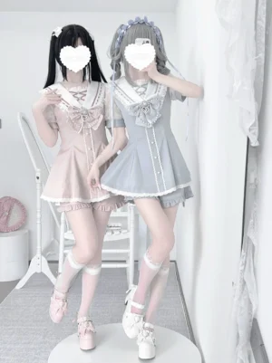 Jirai Kei sailor collar dress set with pearl chain bow overhead full body shot two models pastel pink water blue lace trims platform shoes