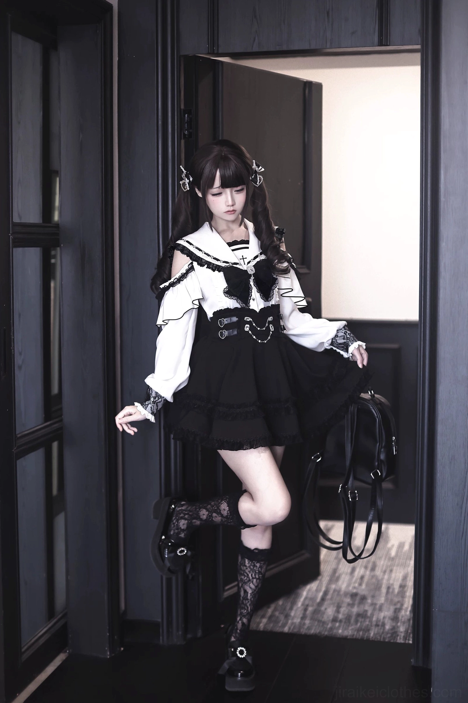 Styled Jirai Kei sailor collar blouse and skirt set showing fit and silhouette with open shoulder design and elastic back shirring