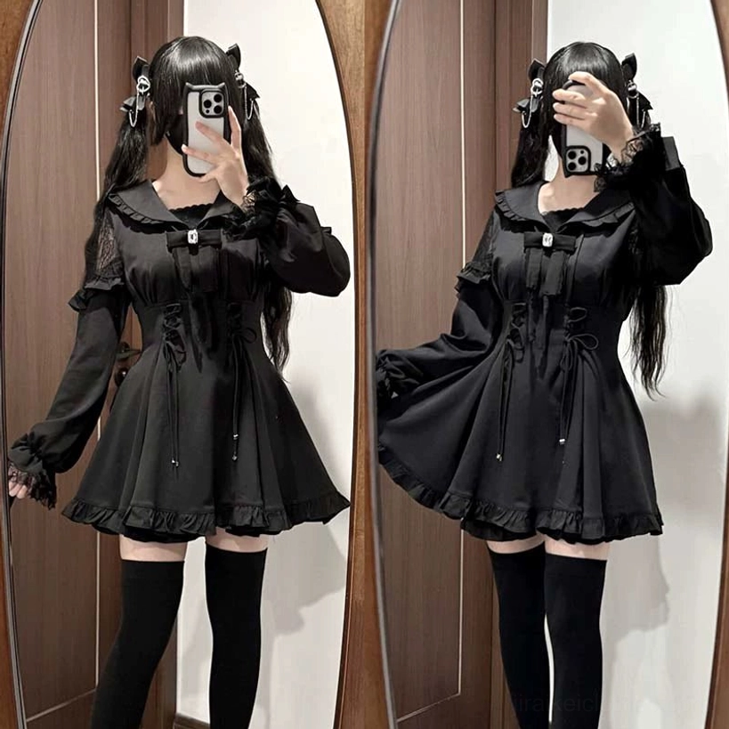 Jirai Kei sailor dress with standing and skirt-lifting pose showing chest decorative brooch detail