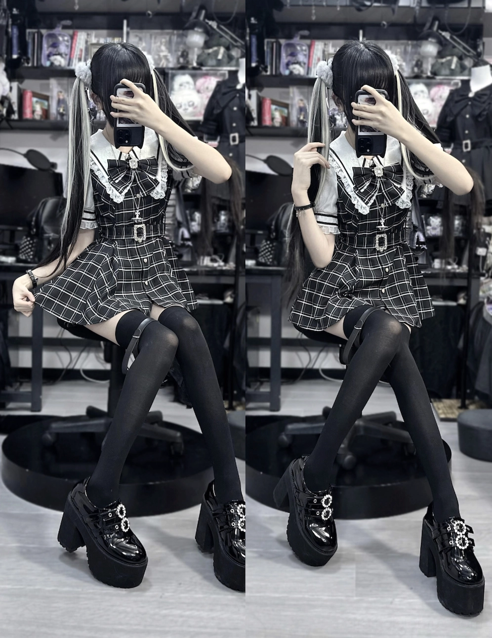Jirai Kei sailor collar dress cuff showing frill lace trim detail short and long sleeve options