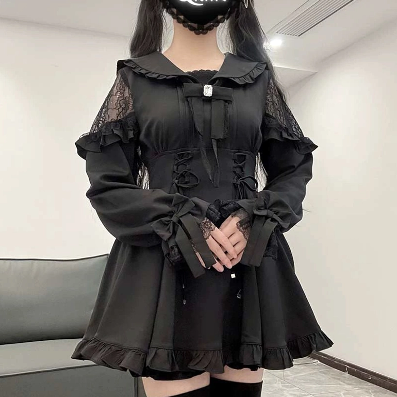 Jirai Kei sailor dress flat lay showing polyester rayon lace fabric texture and construction details