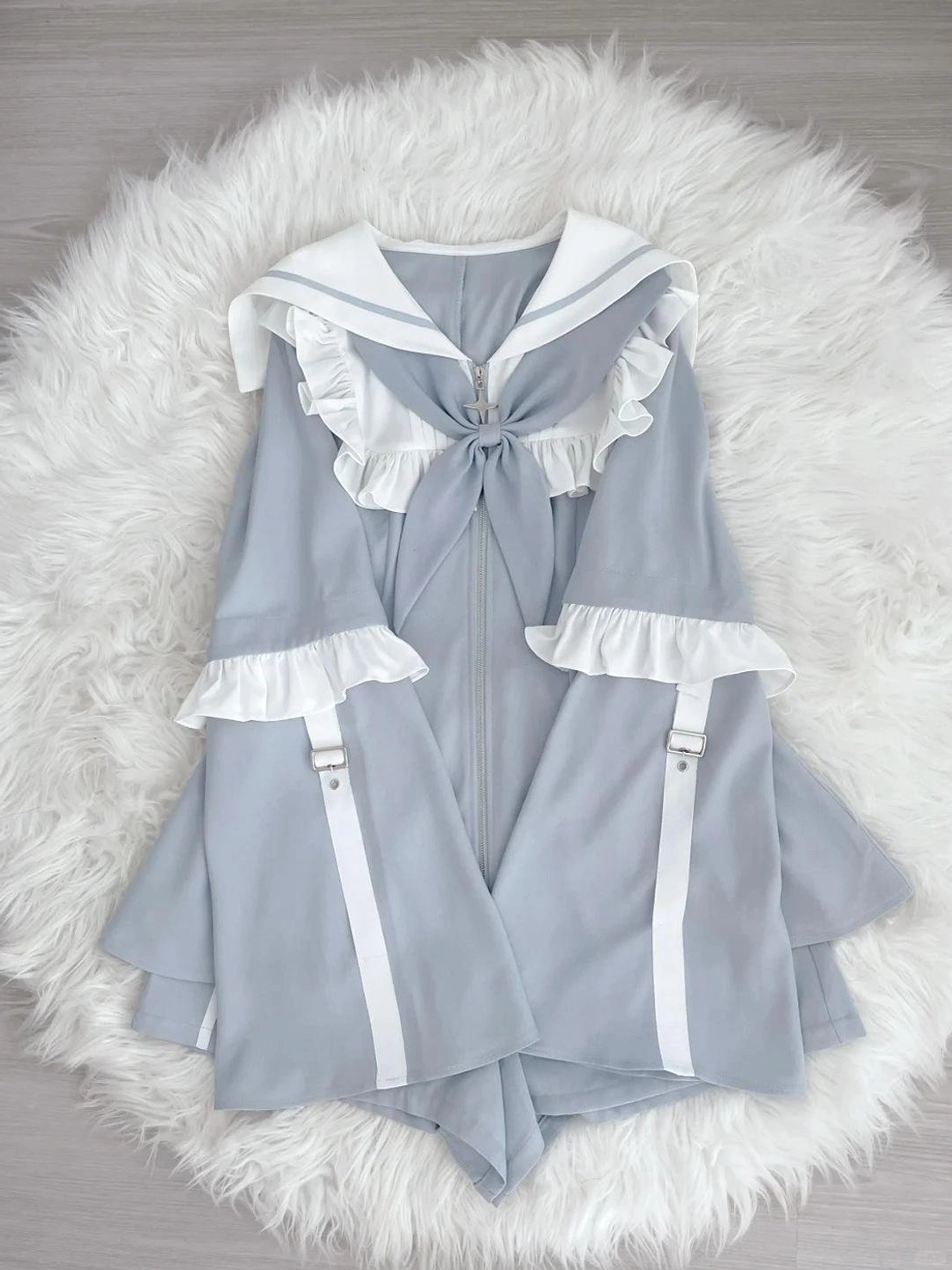 Complimentary scarf accessory included with select pre-order options of pastel blue sailor Jirai Kei dress and shorts set displayed with complete ensemble