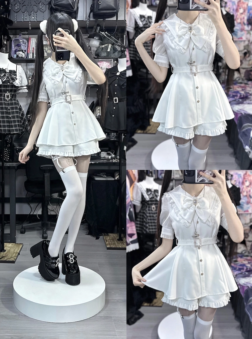 Jirai Kei sailor collar waist-cinching dress shorts two-piece set detailed product shot showing construction fit