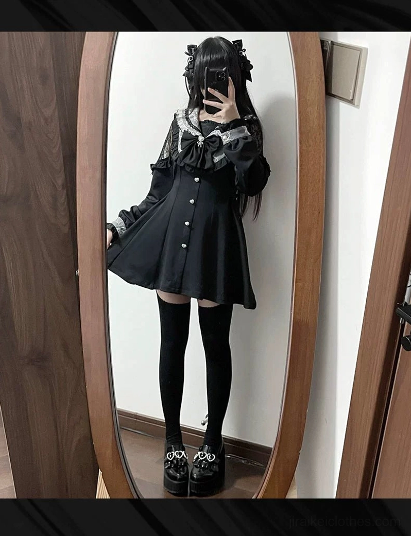 Three-quarter front Jirai Kei dress showing fit details thigh-high socks platform shoes and dress silhouette