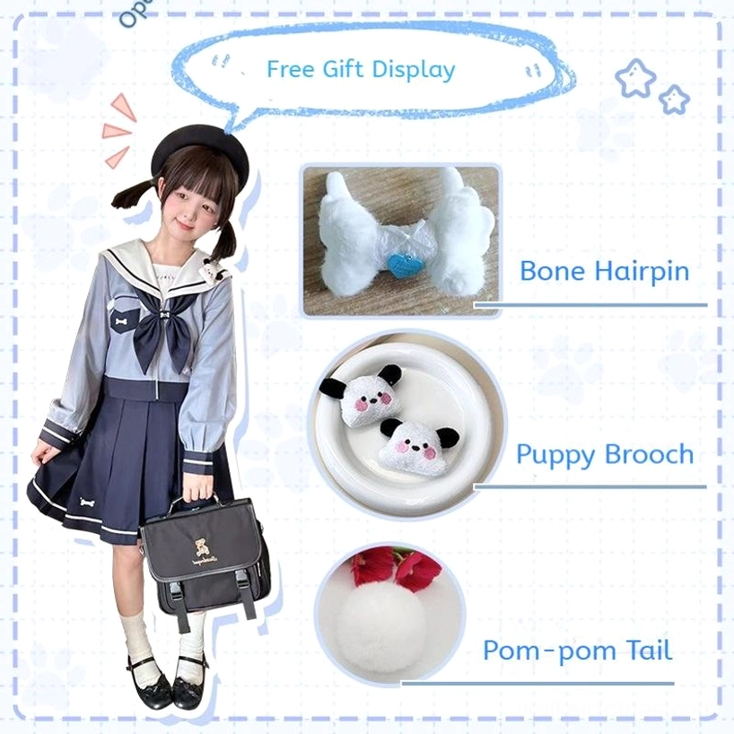 Puppy Jirai Kei sailor uniform matching accessories gift display with bone hairpins puppy brooches pom-pom tail attachment complete set presentation