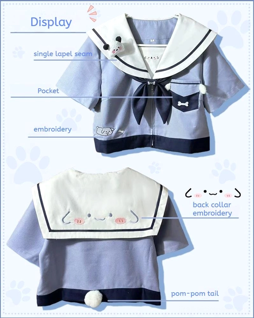 Jirai Kei sailor uniform detailed product flat lay close-up showing lapel seam bone embroidery puppy back collar pom-pom tail accessory components
