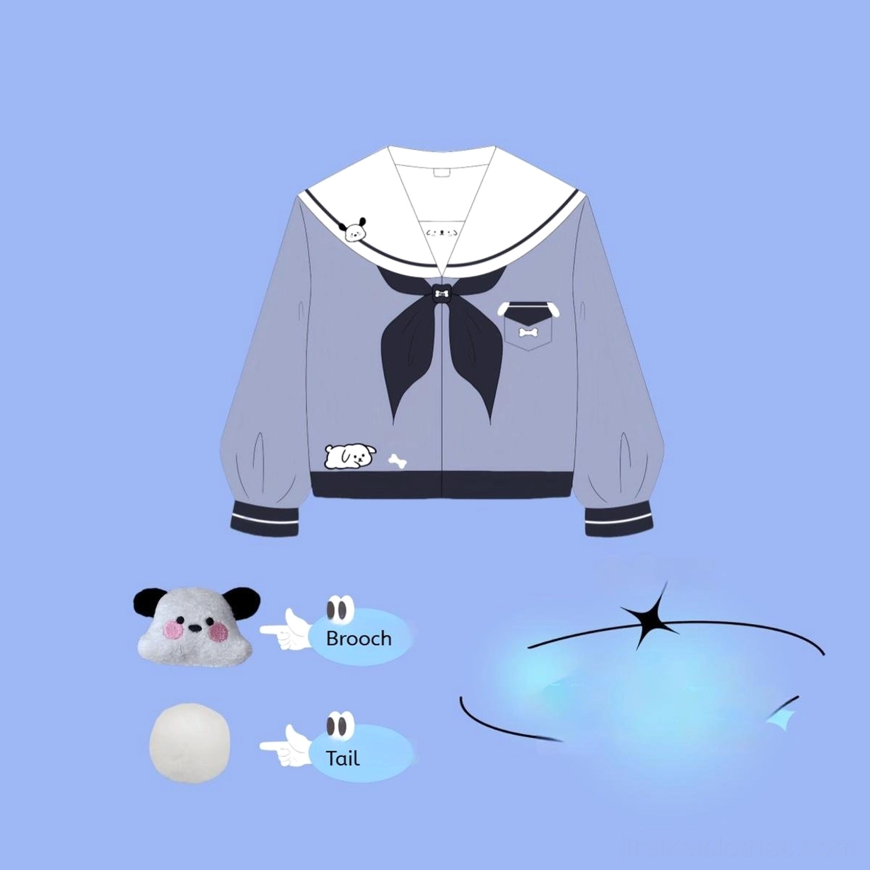 Jirai Kei sailor JK uniform long-sleeve blouse alternative angle view showcasing embroidered details removable brooch bow tie attachment mechanism
