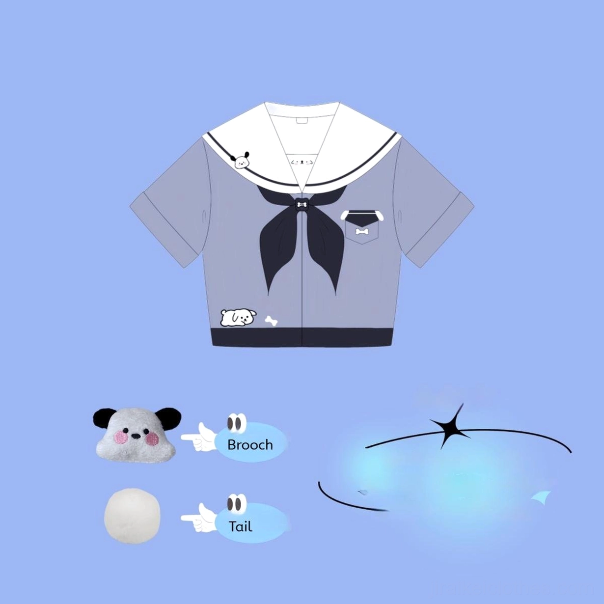 Jirai Kei sailor uniform product showcase featuring bone embroidery details puppy brooch bow tie tail accessory sizing and fit presentation