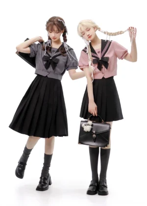 Jirai Kei sailor uniform sailor collar school uniform full-body front-side view two female models wearing black pleated skirts with bow neckties white studio background