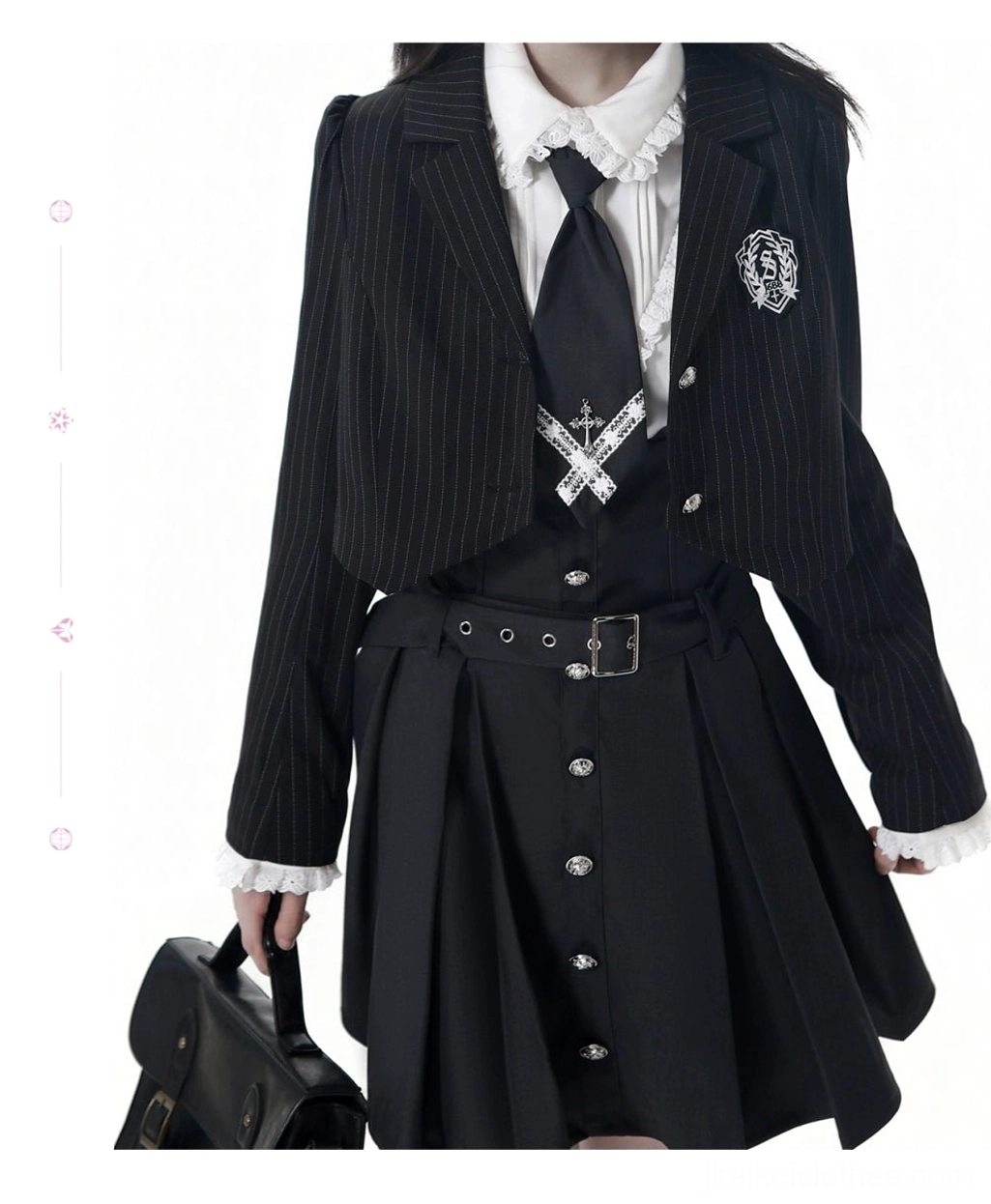 Jirai Kei school uniform blouse pintuck detail showing vertical texture design, fitted waist construction, and premium fabric quality on white blouse