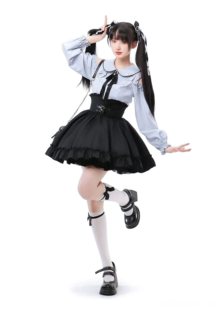 Jirai Kei two-piece outfit featuring celestial blue open-shoulder blouse, multi-ruffled black skirt, black platform Mary Janes, and sheer lace socks for authentic subculture styling