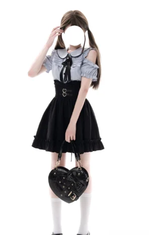 Full-body front view of light blue open-shoulder blouse with black lace trim and structured ruffle skirt, Jirai Kei aesthetic two-piece outfit with heart-shaped accessory coordination