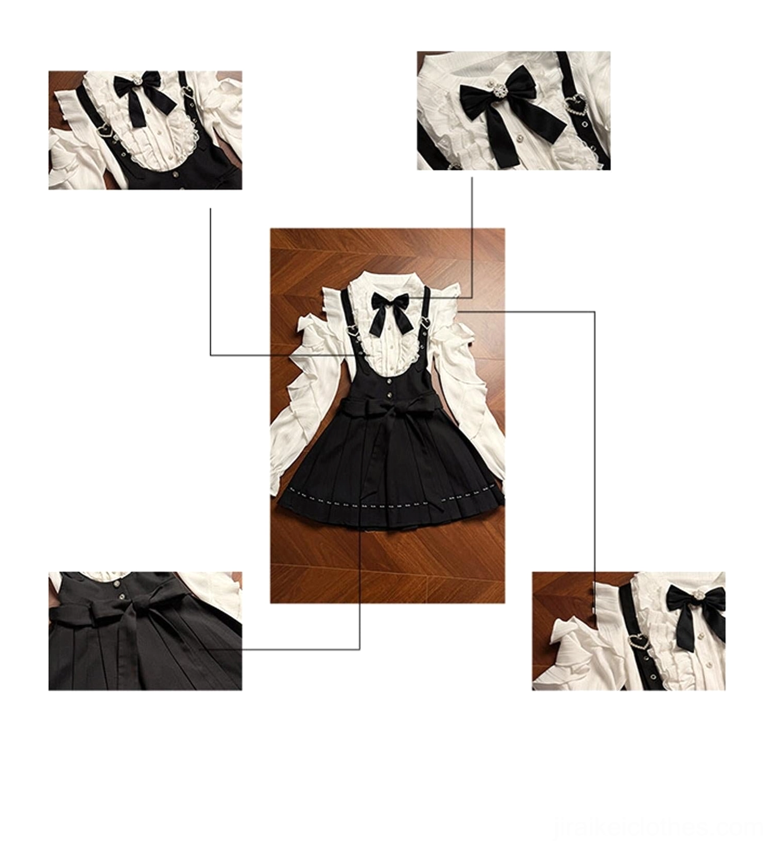 Jirai Kei product detail collage flat lay and close-ups decorative bow shirt ruffles suspender straps pleated skirt construction
