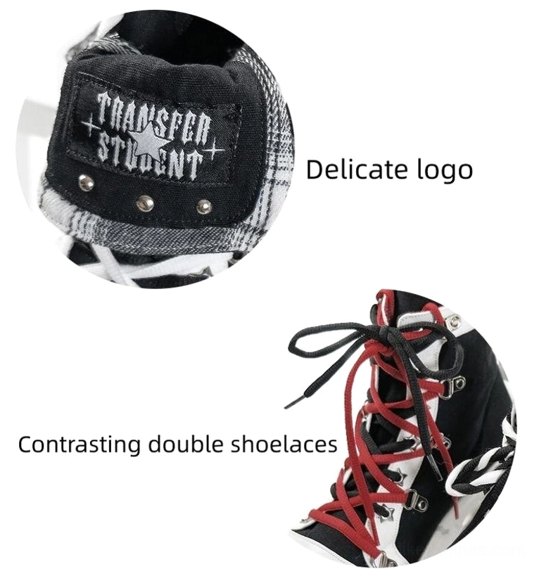 Close-up detail shots of Jirai Kei platform shoes featuring embroidered Transfer Student logo badge with metal hardware and contrasting dual-colored shoelaces