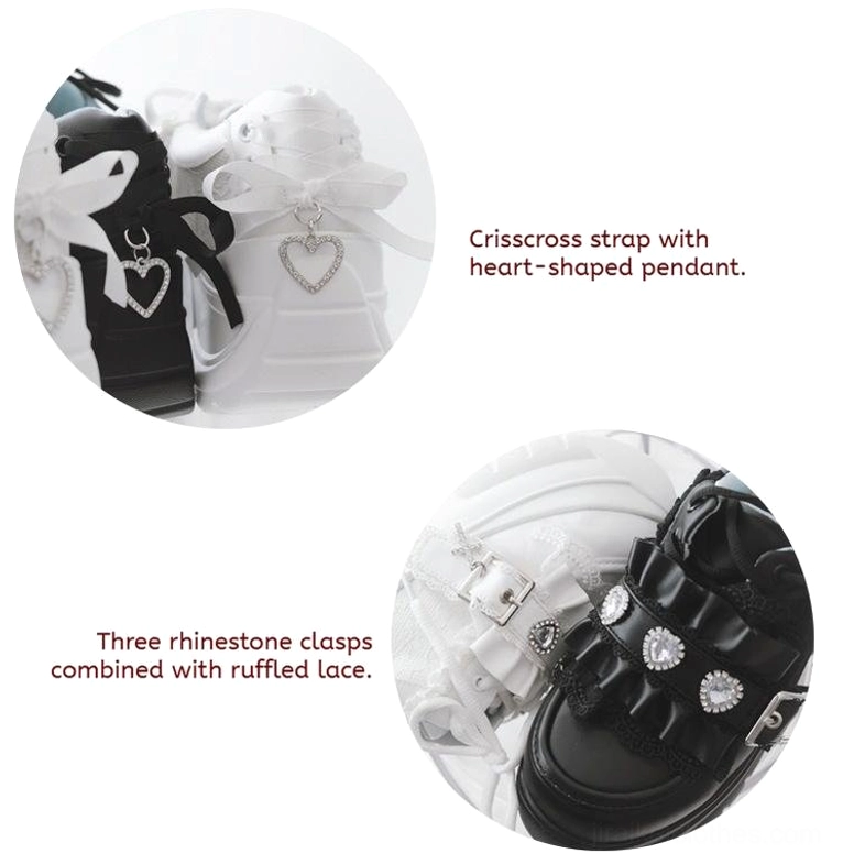 Jirai kei platform shoe lace decoration close-up crisscross laces heart-shaped rhinestone pendants black white variants